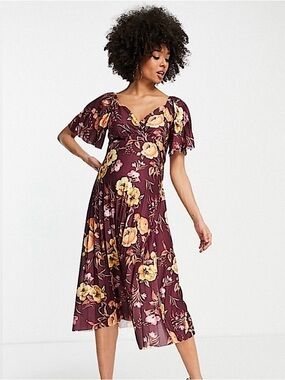 NWT ASOS DESIGN Maternity Pleated Twist Back Midi Dress Plum Purple Floral Small